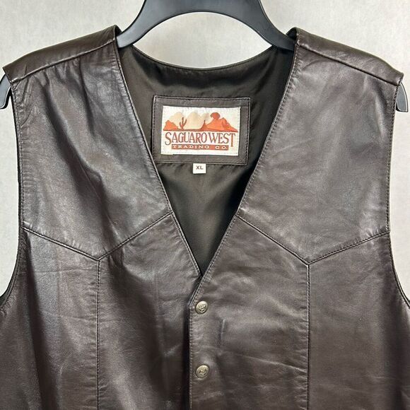 Saguro West Leather Vest Brown Mens Sz XL Western Snap Button - Picture 3 of 7